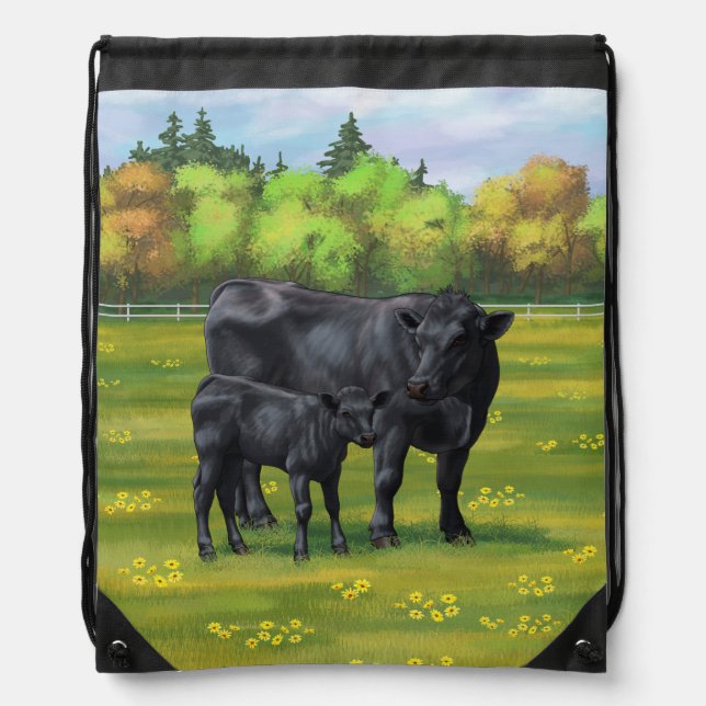 Black Angus Cow & Cute Calf in Summer Pasture Drawstring Bag (Front)