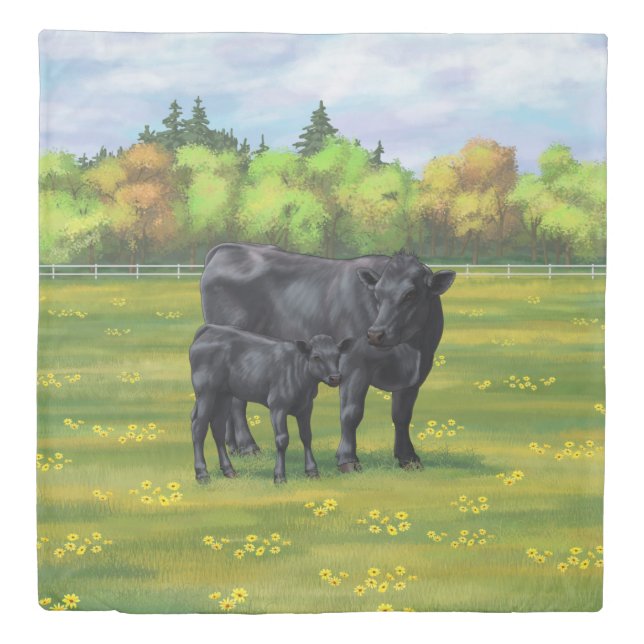 Black Angus Cow & Cute Calf in Summer Pasture Duvet Cover (Front)