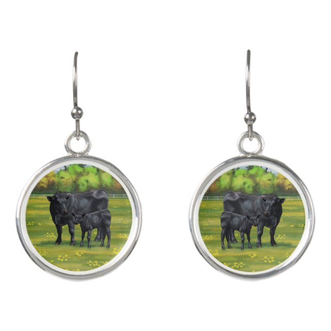 Black Angus Cow & Cute Calf in Summer Pasture Earrings (Front)