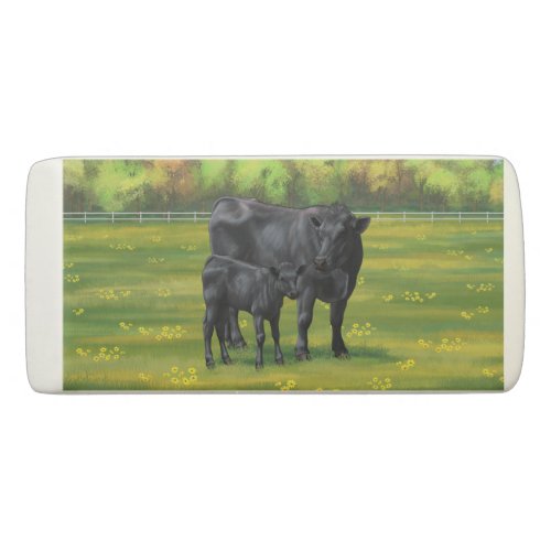 Black Angus Cow  Cute Calf in Summer Pasture Eraser