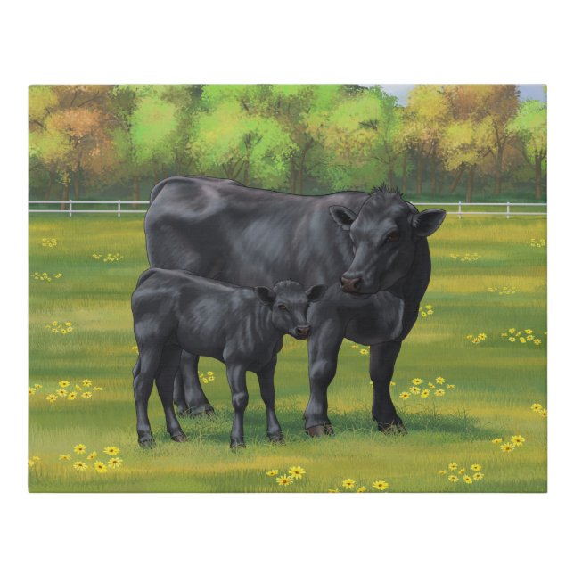 Black Angus Cow & Cute Calf in Summer Pasture Faux Canvas Print (Front)