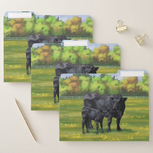 Black Angus Cow  Cute Calf in Summer Pasture File Folder