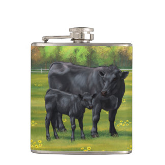 Black Angus Cow & Cute Calf in Summer Pasture Flask