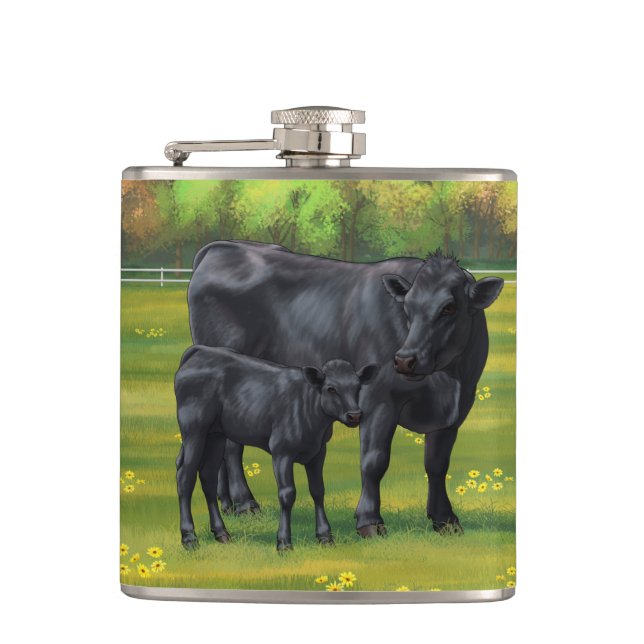Black Angus Cow & Cute Calf in Summer Pasture Flask (Front)