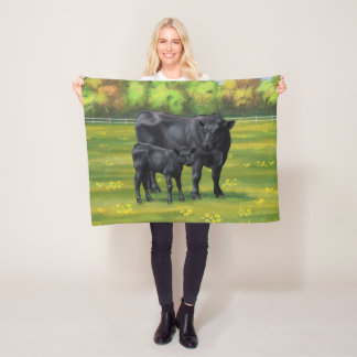 Black Angus Cow & Cute Calf in Summer Pasture Fleece Blanket