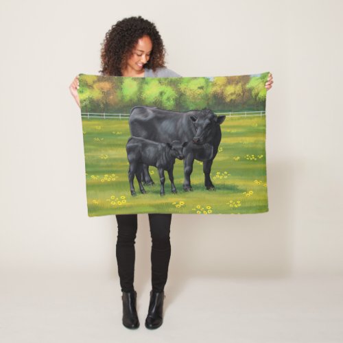 Black Angus Cow  Cute Calf in Summer Pasture Fleece Blanket