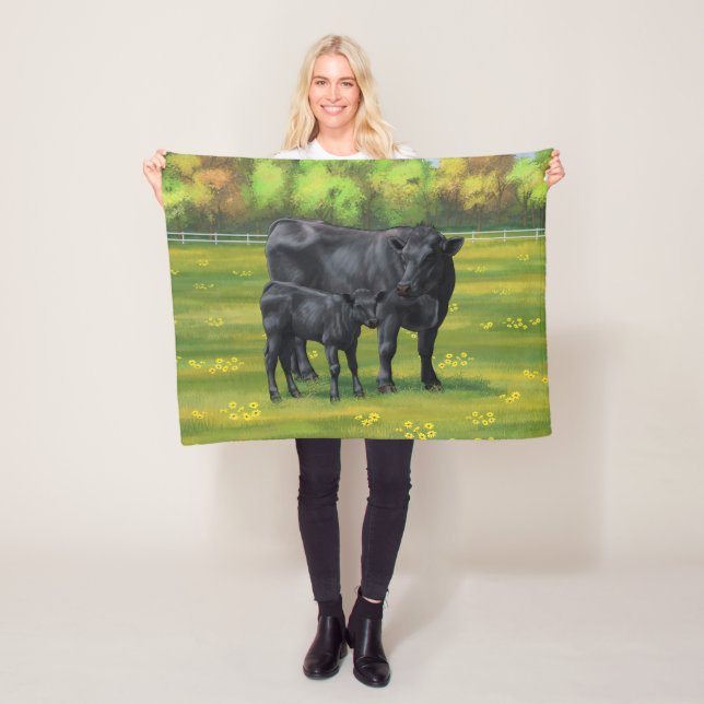 Black Angus Cow & Cute Calf in Summer Pasture Fleece Blanket (In Situ)