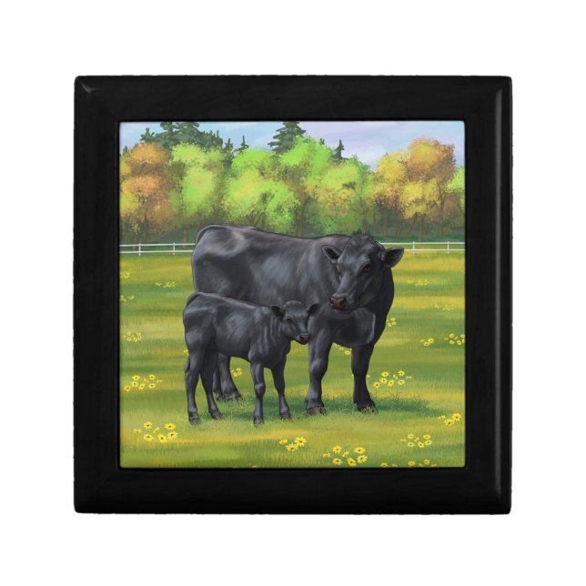 Black Angus Cow & Cute Calf in Summer Pasture Gift Box (Front)