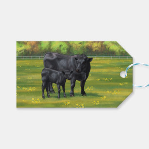 Black Angus Cow & Cute Calf in Summer Pasture Gift Tags