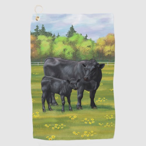 Black Angus Cow  Cute Calf in Summer Pasture Golf Towel
