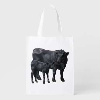 Black Angus Cow & Cute Calf in Summer Pasture Grocery Bag