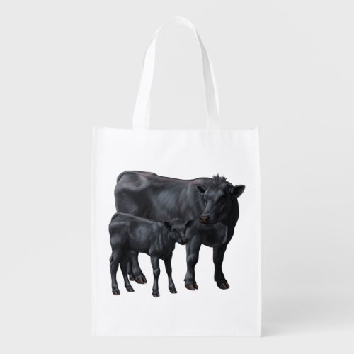 Black Angus Cow  Cute Calf in Summer Pasture Grocery Bag