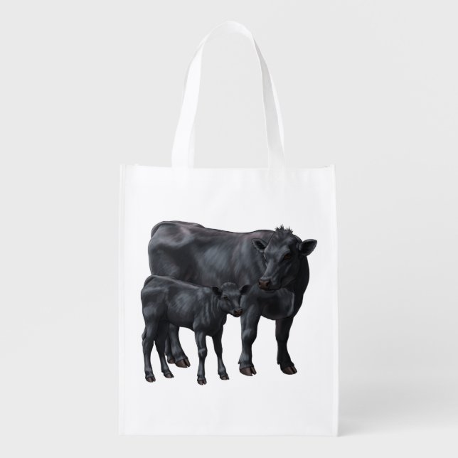 Black Angus Cow & Cute Calf in Summer Pasture Grocery Bag (Front)