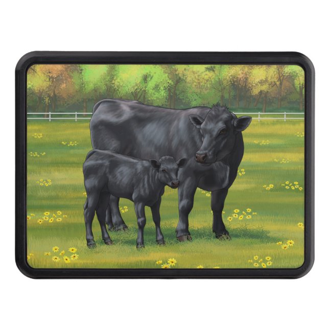 Black Angus Cow & Cute Calf in Summer Pasture Hitch Cover (Front)