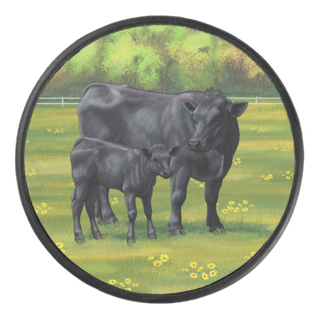 Black Angus Cow & Cute Calf in Summer Pasture Hockey Puck (Front)