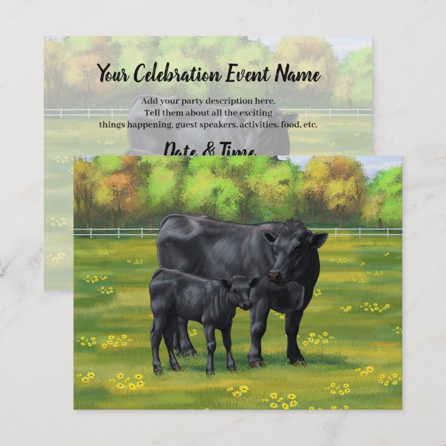 Black Angus Cow & Cute Calf in Summer Pasture Invitation (Front/Back)