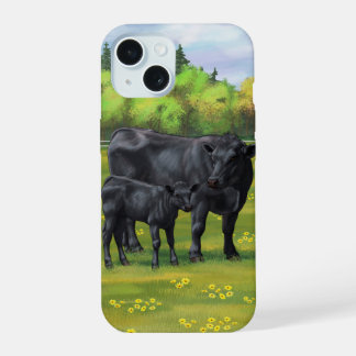 Black Angus Cow & Cute Calf in Summer Pasture iPhone 15 Case