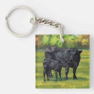 Black Angus Cow & Cute Calf in Summer Pasture Keychain
