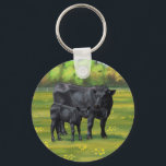 Black Angus Cow & Cute Calf in Summer Pasture Keychain<br><div class="desc">The Black Angus is a Scottish breed of beef cattle that originated from cattle breeds native to Aberdeen, Banff, Kincardine, and Angus in north-eastern Scotland. Their color is always solid black, and they do not have horns. It is a small, stocky breed that is popular for its ruggedness and high...</div>