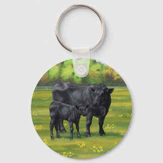 Black Angus Cow & Cute Calf in Summer Pasture Keychain