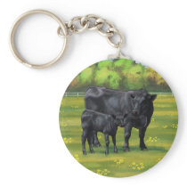 Black Angus Cow & Cute Calf in Summer Pasture Keychain
