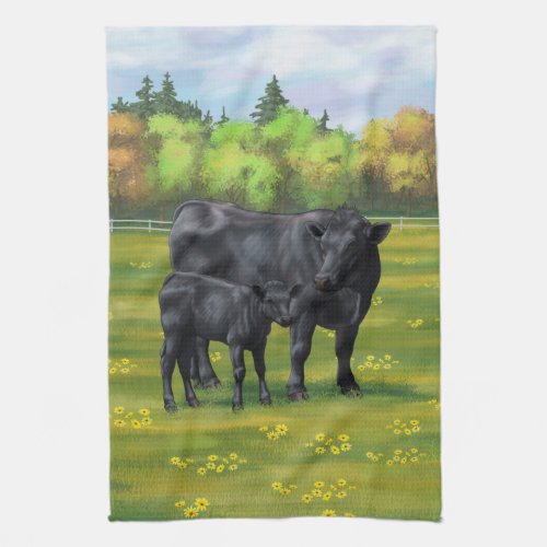 Black Angus Cow  Cute Calf in Summer Pasture Kitchen Towel
