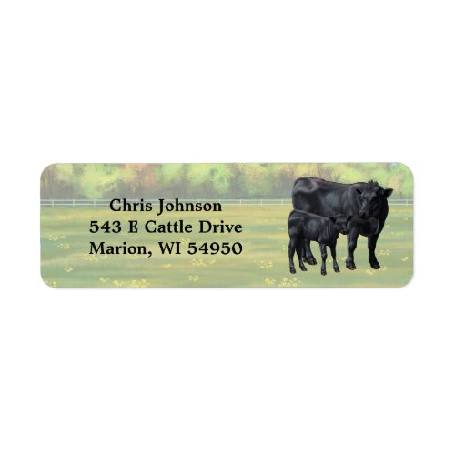 Black Angus Cow  Cute Calf in Summer Pasture Label
