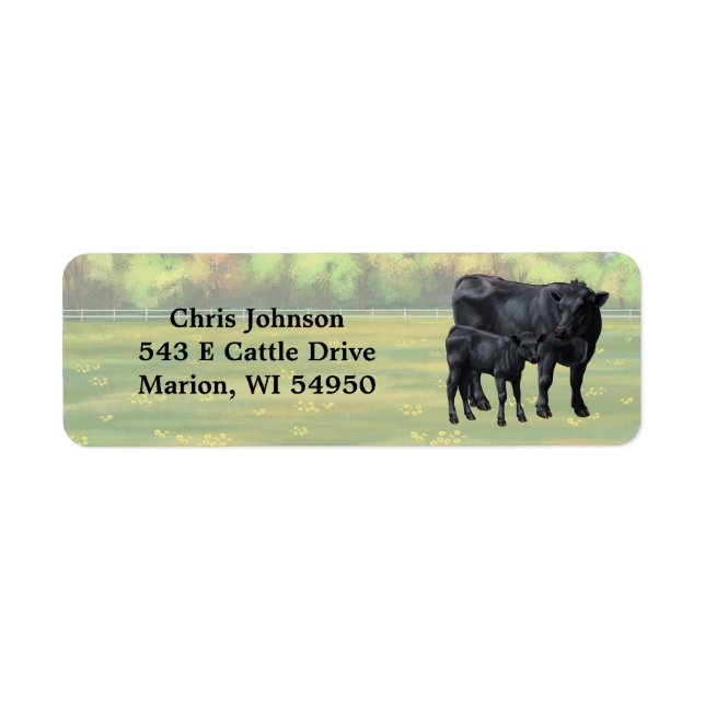 Black Angus Cow & Cute Calf in Summer Pasture Label (Front)
