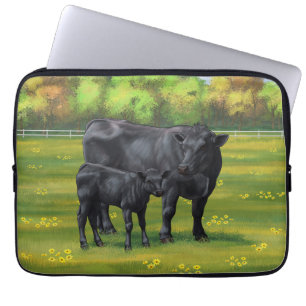 Black Angus Cow & Cute Calf in Summer Pasture Laptop Sleeve