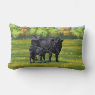 Black Angus Cow & Cute Calf in Summer Pasture Lumbar Pillow