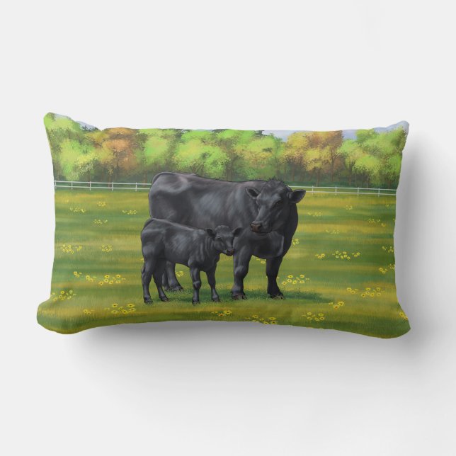 Black Angus Cow & Cute Calf in Summer Pasture Lumbar Pillow (Front)