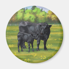 Black Angus Cow & Cute Calf in Summer Pasture Magnet
