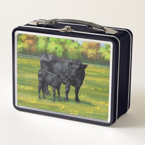 Black Angus Cow  Cute Calf in Summer Pasture Metal Lunch Box