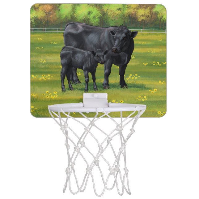 Black Angus Cow & Cute Calf in Summer Pasture Mini Basketball Hoop (Front)