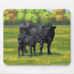 Black Angus Cow & Cute Calf in Summer Pasture Mouse Pad