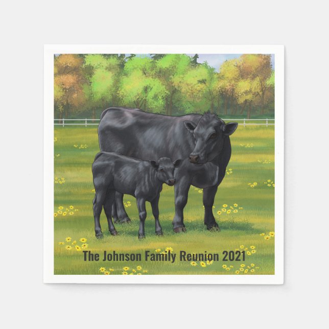 Black Angus Cow & Cute Calf in Summer Pasture Napkins (Front)