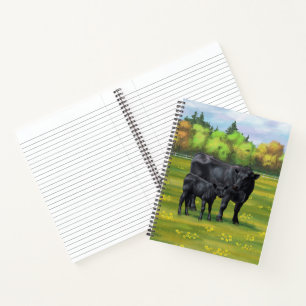 Black Angus Cow & Cute Calf in Summer Pasture Notebook