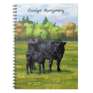 Black Angus Cow & Cute Calf in Summer Pasture Notebook