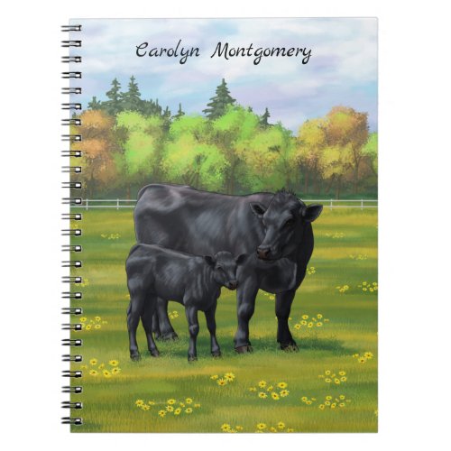 Black Angus Cow  Cute Calf in Summer Pasture Notebook