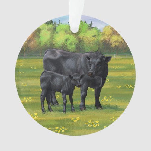 Black Angus Cow  Cute Calf in Summer Pasture Ornament