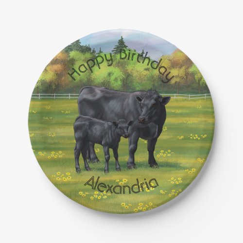 Black Angus Cow  Cute Calf in Summer Pasture Paper Plates