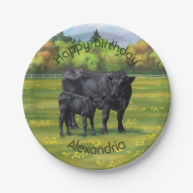 Black Angus Cow & Cute Calf in Summer Pasture Paper Plates (Front)