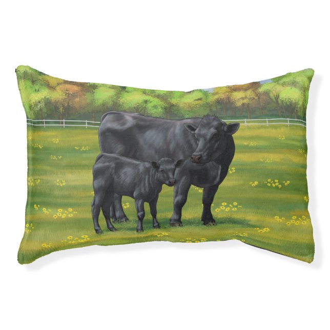 Black Angus Cow & Cute Calf in Summer Pasture Pet Bed (Front)