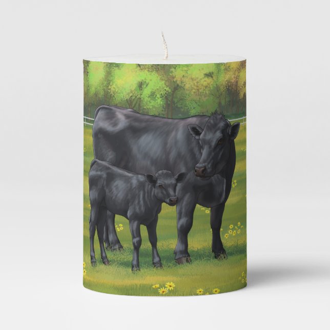 Black Angus Cow & Cute Calf in Summer Pasture Pillar Candle (Front)