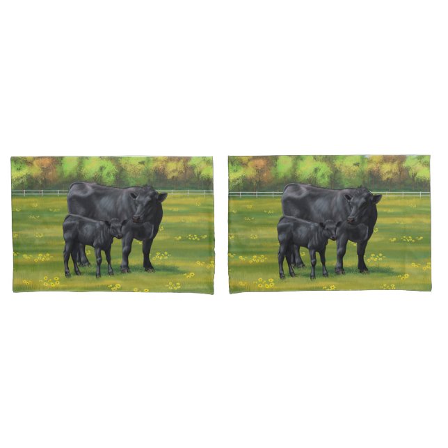 Black Angus Cow & Cute Calf in Summer Pasture Pillow Case (Front-Set)