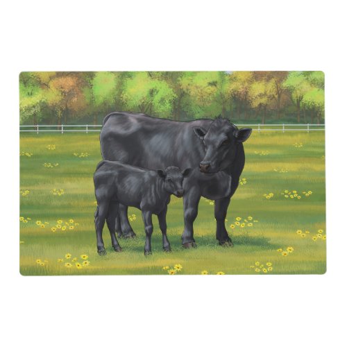 Black Angus Cow  Cute Calf in Summer Pasture Placemat