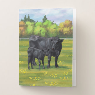Black Angus Cow & Cute Calf in Summer Pasture Pocket Folder