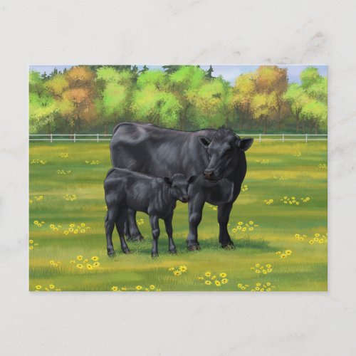 Black Angus Cow  Cute Calf in Summer Pasture Postcard