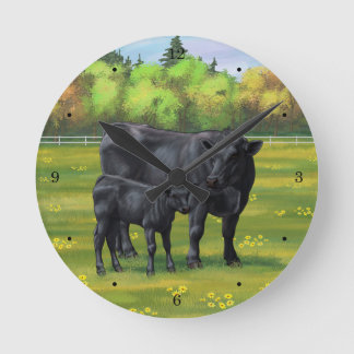 Black Angus Cow & Cute Calf in Summer Pasture Round Clock
