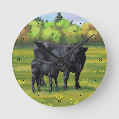 Black Angus Cow  Cute Calf in Summer Pasture Round Clock